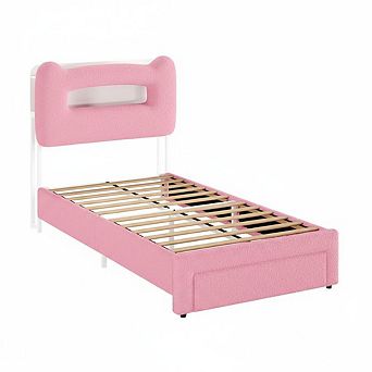Upholstered Kids Bed Frame with Storage Headboard, LED Platform with Charging Station and Drawer