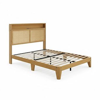 Rattan Bed Frame with LED Lights, Boho Wood Bed Frame with Storage Headboard & Charging Station