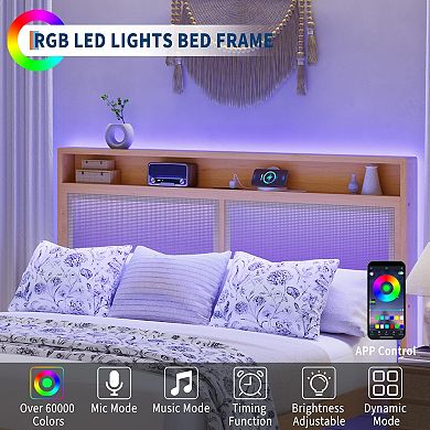 Rattan Bed Frame with LED Lights, Boho Wood Bed Frame with Storage Headboard & Charging Station