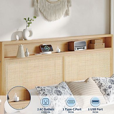 Rattan Bed Frame with LED Lights, Boho Wood Bed Frame with Storage Headboard & Charging Station