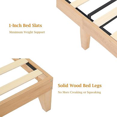 Rattan Bed Frame with LED Lights, Boho Wood Bed Frame with Storage Headboard & Charging Station