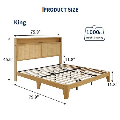 Rattan Bed Frame with LED Lights, Boho Wood Bed Frame with Storage Headboard & Charging Station