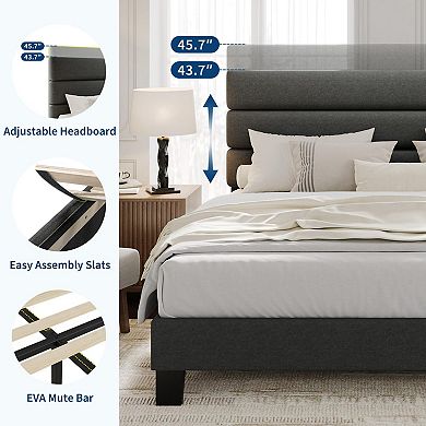 Bed Frame with Adjustable Headboard,Linen Fabric Upholstered and Wooden Slats Support