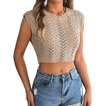 Women's Crew Neck Openwork Hollow Out Knit Crop Top Summer Casual Sleeveless Sweater Shirt Blouse