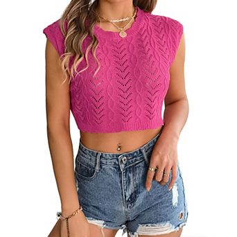 Women's Crew Neck Openwork Hollow Out Knit Crop Top Summer Casual Sleeveless Sweater Shirt Blouse