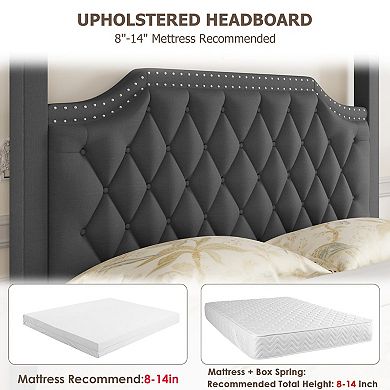 Canopy Bed Frame with Nailhead Decoration Headboard,Upholstered Bed with Poles 5 Corner Bed Bracket