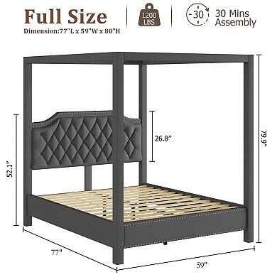 Canopy Bed Frame with Nailhead Decoration Headboard,Upholstered Bed with Poles 5 Corner Bed Bracket
