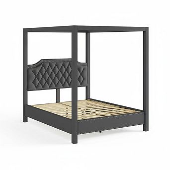 Canopy Bed Frame with Nailhead Decoration Headboard,Upholstered Bed with Poles 5 Corner Bed Bracket