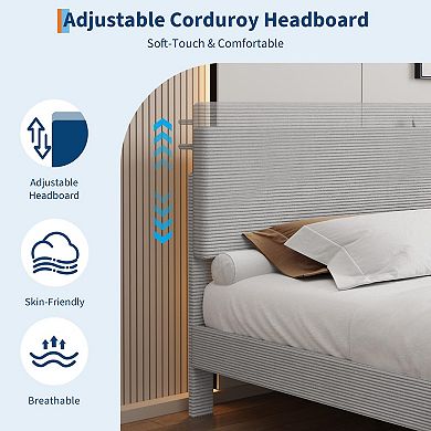 Bed Frame with Adjustable Upholstered Headboard,Platform Bed with Storage Shelf and Charging Station