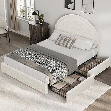 Modern Bed Frame with 2 Storage Drawers, Round Padded Headboard Upholstered Platform Bed