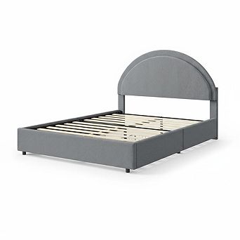 Modern Bed Frame with 2 Storage Drawers, Round Padded Headboard Upholstered Platform Bed