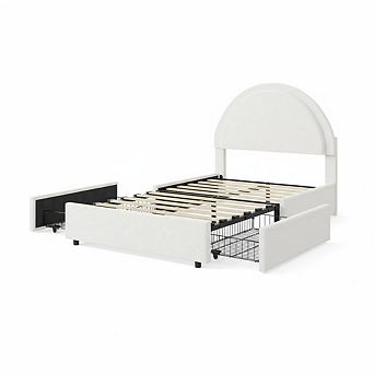 Modern Bed Frame with 2 Storage Drawers, Round Padded Headboard Upholstered Platform Bed