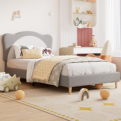 Upholstered Kids Bed Frame,Soft Velvet Platform Bed with Cute Padded Headboard,Low Profile Design