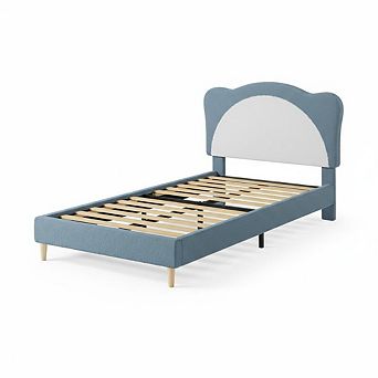 Upholstered Kids Bed Frame,Soft Velvet Platform Bed with Cute Padded Headboard,Low Profile Design