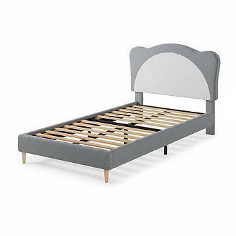 Upholstered Kids Bed Frame,Soft Velvet Platform Bed with Cute Padded Headboard,Low Profile Design