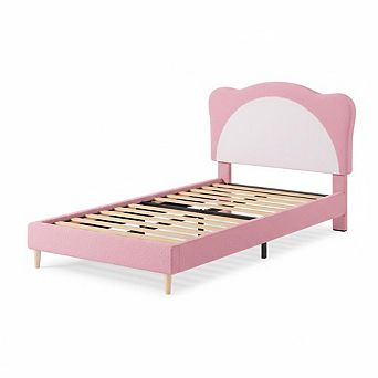 Upholstered Kids Bed Frame,Soft Velvet Platform Bed with Cute Padded Headboard,Low Profile Design