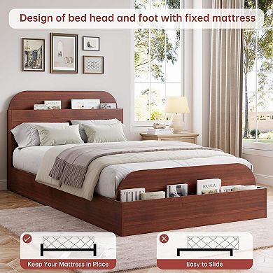 Bed Frame with Storage Headboard and Raised Footboard,Wooden Twin-Floor Low Platform Bed for Kids