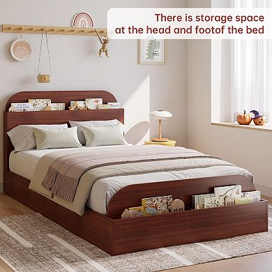 Bed Frame with Storage Headboard and Raised Footboard,Wooden Twin-Floor Low Platform Bed for Kids