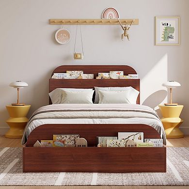 Bed Frame with Storage Headboard and Raised Footboard,Wooden Twin-Floor Low Platform Bed for Kids