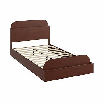 Bed Frame with Storage Headboard and Raised Footboard,Wooden Twin-Floor Low Platform Bed for Kids