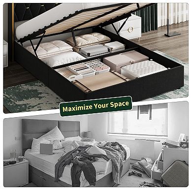Storage Bed with Upholstered Wingback Headboard, Modern Hydraulic Bed Frame with Wood Slats Support