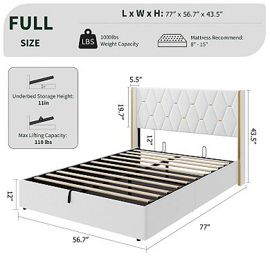 Storage Bed with Upholstered Wingback Headboard, Modern Hydraulic Bed Frame with Wood Slats Support