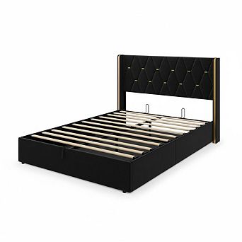 Storage Bed with Upholstered Wingback Headboard, Modern Hydraulic Bed Frame with Wood Slats Support