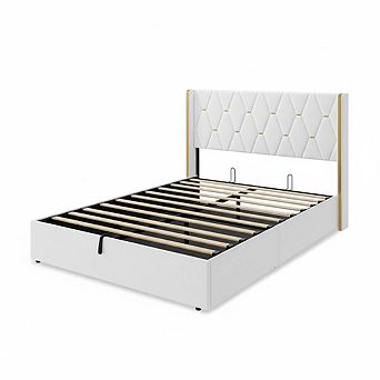 Storage Bed with Upholstered Wingback Headboard, Modern Hydraulic Bed Frame with Wood Slats Support