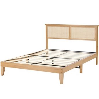 Rattan Bed Frame with Natural Rattan Headboard, Bohemian Rattan Bed Frame with LED Lights