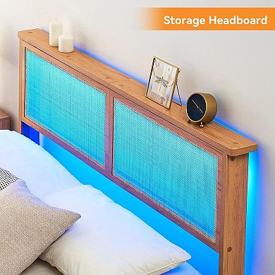 Rattan Bed Frame with Natural Rattan Headboard, Bohemian Rattan Bed Frame with LED Lights