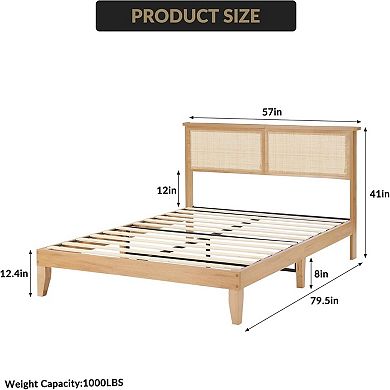 Rattan Bed Frame with Natural Rattan Headboard, Bohemian Rattan Bed Frame with LED Lights