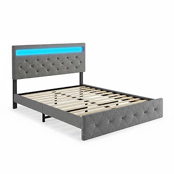 Bed Frame with Charging Station and LED Lights, Upholstered Bed Frame with Adjustable Headboard