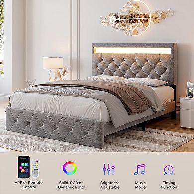 Bed Frame with Charging Station and LED Lights, Upholstered Bed Frame with Adjustable Headboard