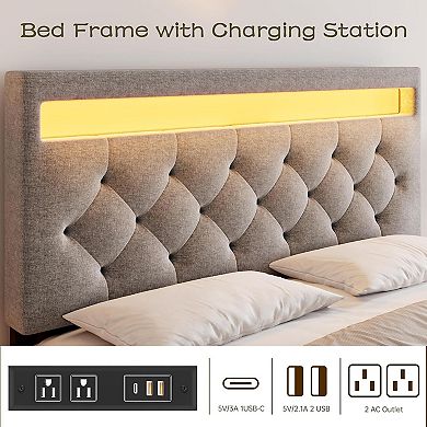 Bed Frame with Charging Station and LED Lights, Upholstered Bed Frame with Adjustable Headboard
