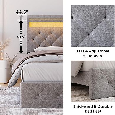 Bed Frame with Charging Station and LED Lights, Upholstered Bed Frame with Adjustable Headboard
