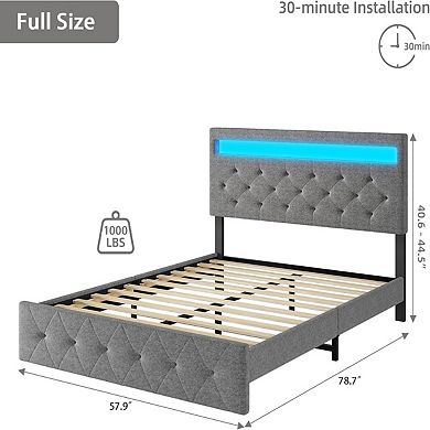 Bed Frame with Charging Station and LED Lights, Upholstered Bed Frame with Adjustable Headboard