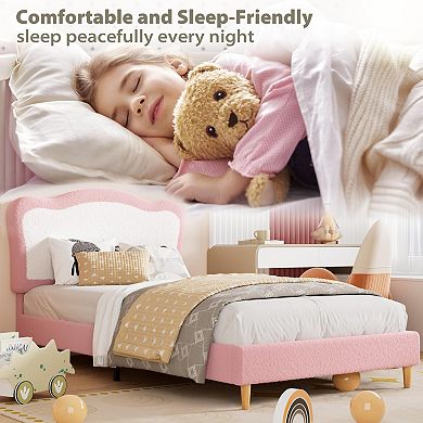 Bed Frame for Kids, Boucle Upholstered Platform Bed with Headboard for Girls Boys
