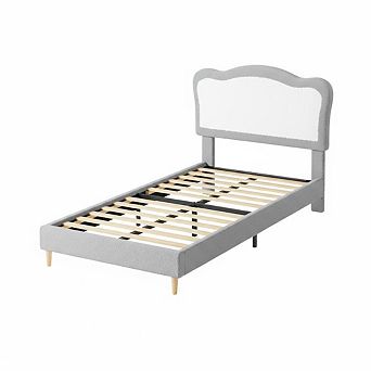 Bed Frame for Kids, Boucle Upholstered Platform Bed with Headboard for Girls Boys