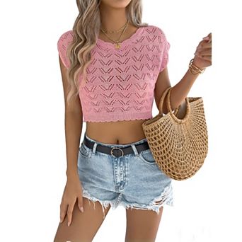 Women's Crew Neck Crop Short Sleeve Knit Top Hollowed Out Summer Casual Trendy Blouse Boho Shirt