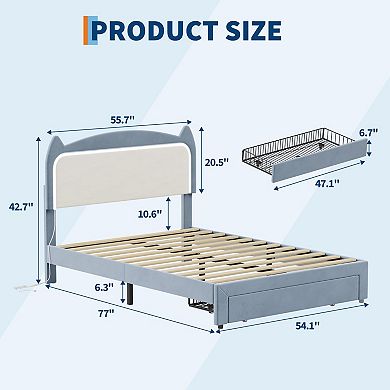Platform Bed Frame with Cat Headboard & LED Lights