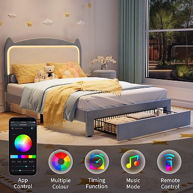 Platform Bed Frame with Cat Headboard & LED Lights