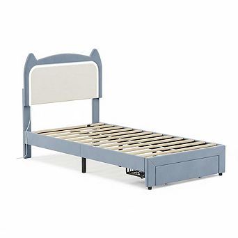 Platform Bed Frame with Cat Headboard & LED Lights