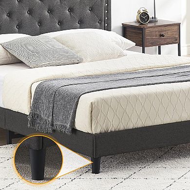 Bed Frame Upholstered Platform Bed with Adjustable Button Tufted & Nailhead Trim Headboard