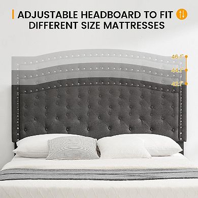 Bed Frame Upholstered Platform Bed with Adjustable Button Tufted & Nailhead Trim Headboard