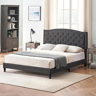 Bed Frame Upholstered Platform Bed with Adjustable Button Tufted & Nailhead Trim Headboard