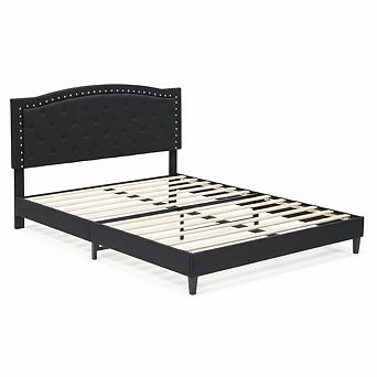 Bed Frame Upholstered Platform Bed with Adjustable Button Tufted & Nailhead Trim Headboard