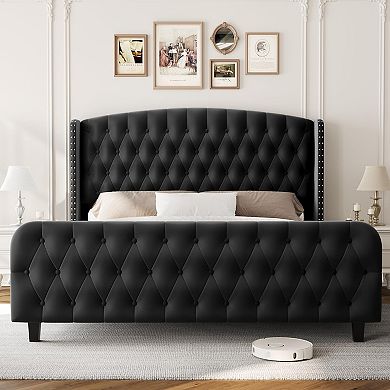 Tall Wingback Headboard Bed Frame,Soft Upholstered Platform, Button Tufted, Nailhead Trim