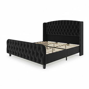 Tall Wingback Headboard Bed Frame,Soft Upholstered Platform, Button Tufted, Nailhead Trim