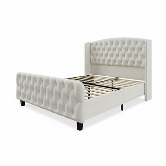 Tall Wingback Headboard Bed Frame,Soft Upholstered Platform, Button Tufted, Nailhead Trim