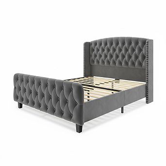 Tall Wingback Headboard Bed Frame,Soft Upholstered Platform, Button Tufted, Nailhead Trim